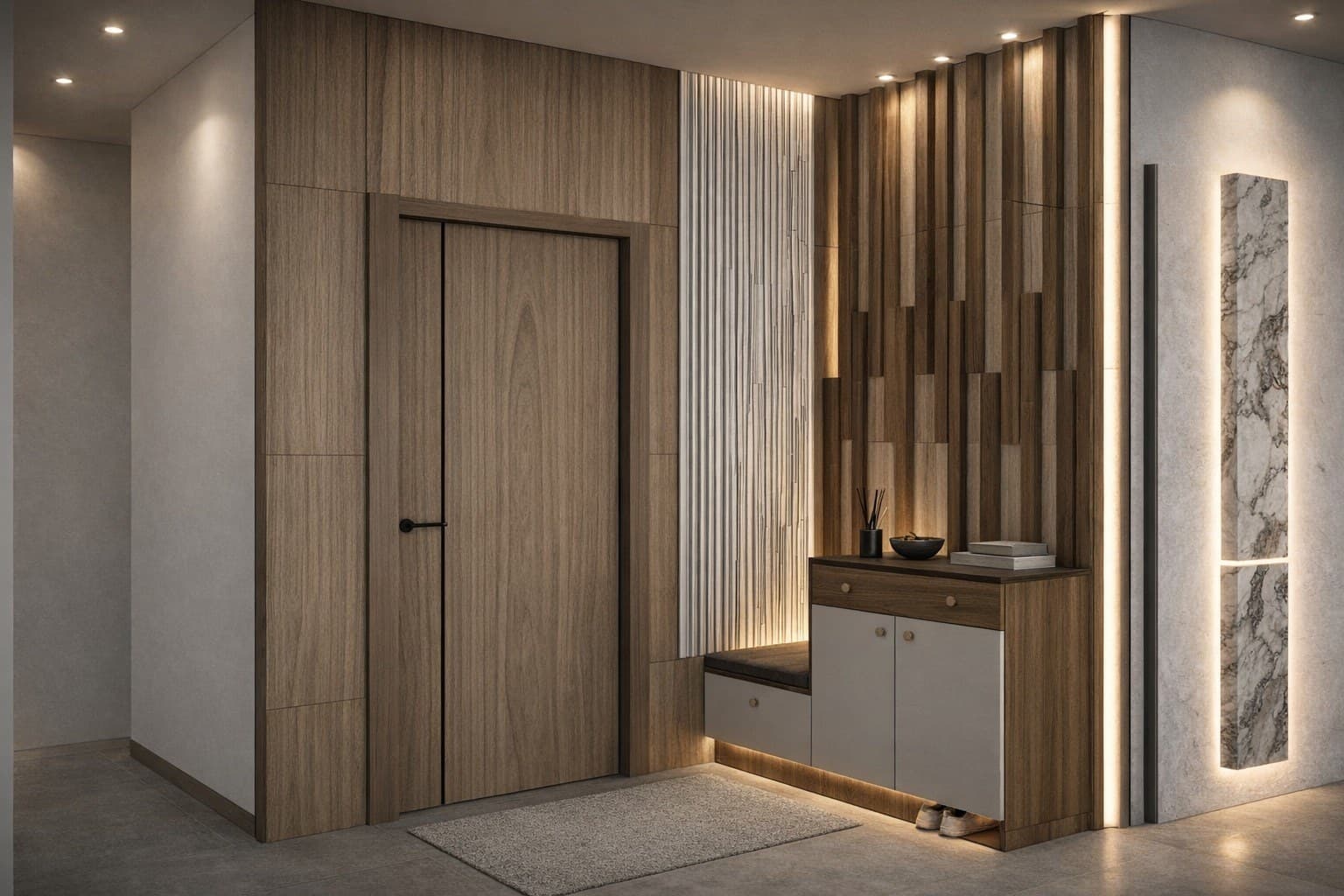 3D render of a home entryway with wooden panelling, vertical fluted feature, shoe storage and marble inset