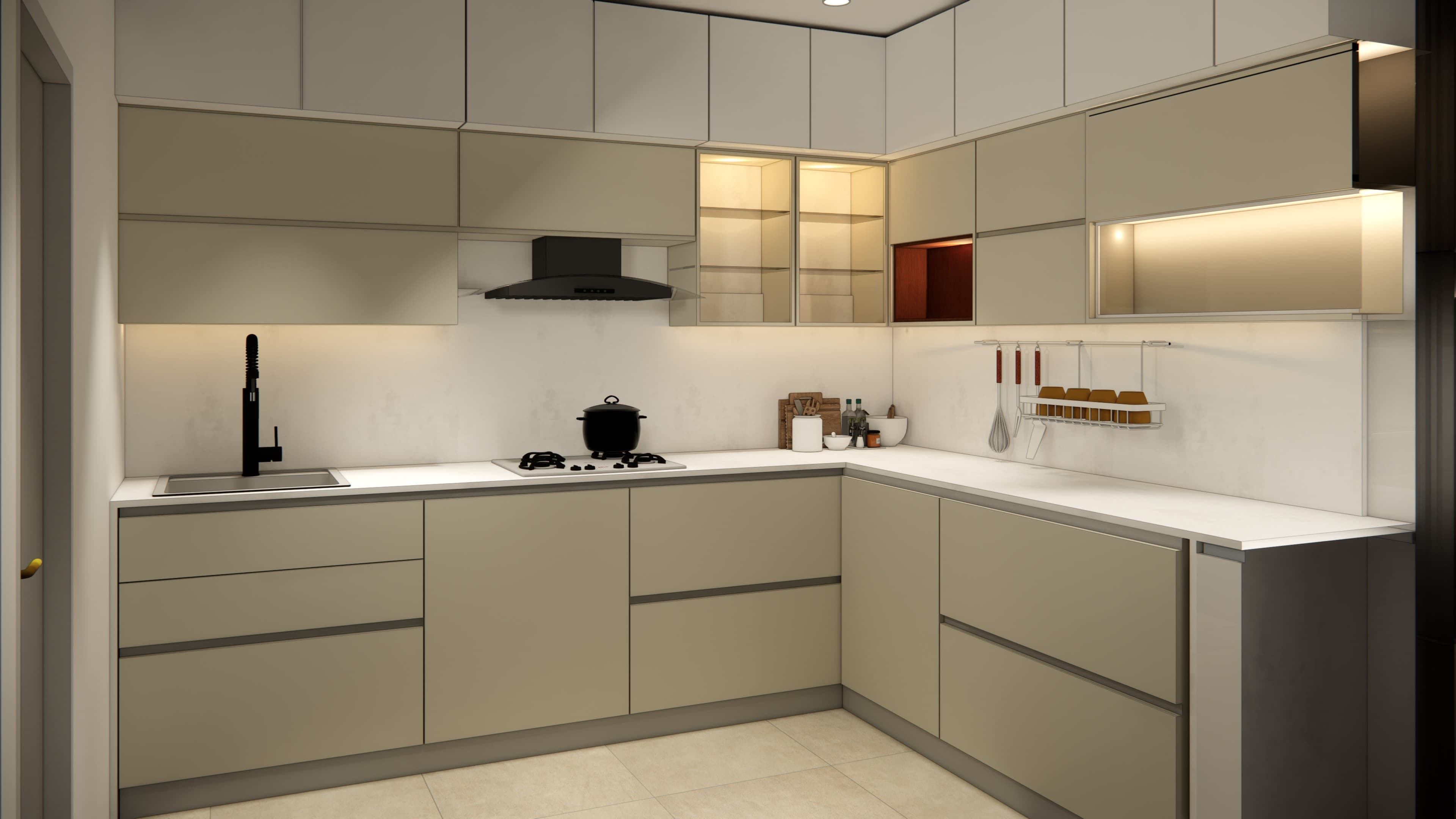 3D render of a modular kitchen from a second angle showing base cabinets, tall storage and glass display