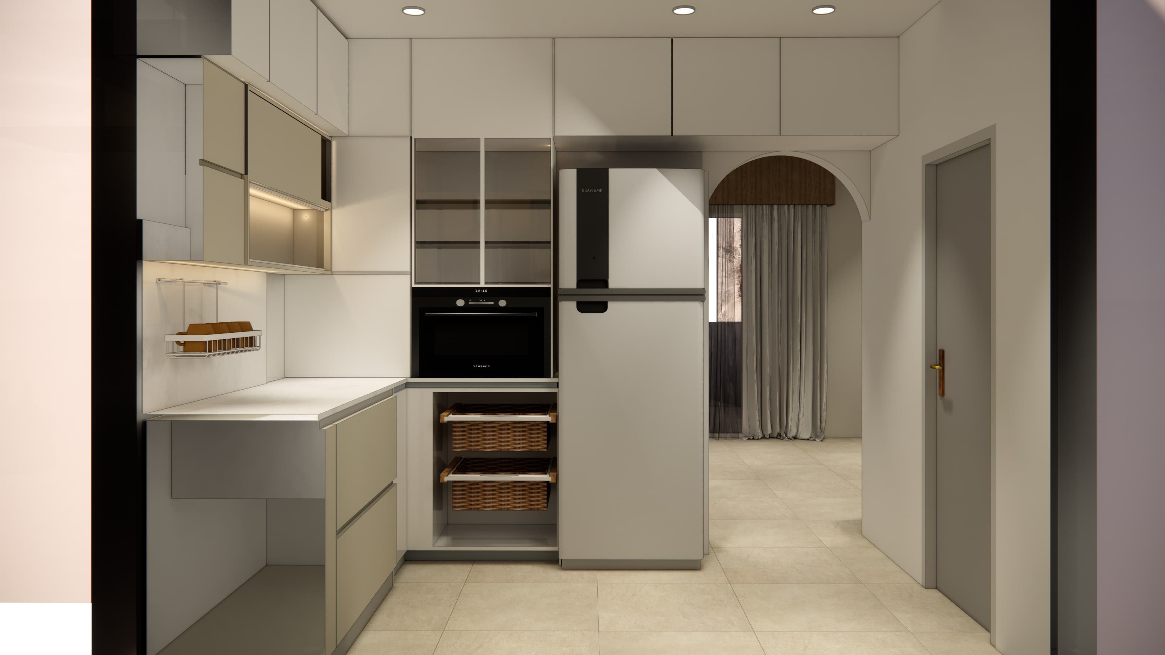 3D render of a modular kitchen with tall fridge pantry, wicker baskets and built-in oven tower