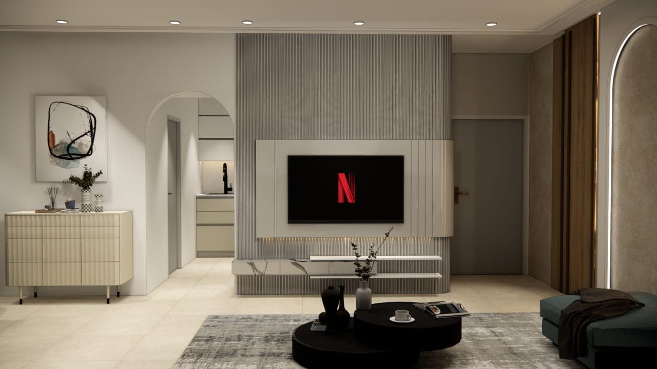 Photoreal 3D render of a contemporary living room with fluted grey TV wall, pill-shaped beige cabinet and arched doorway