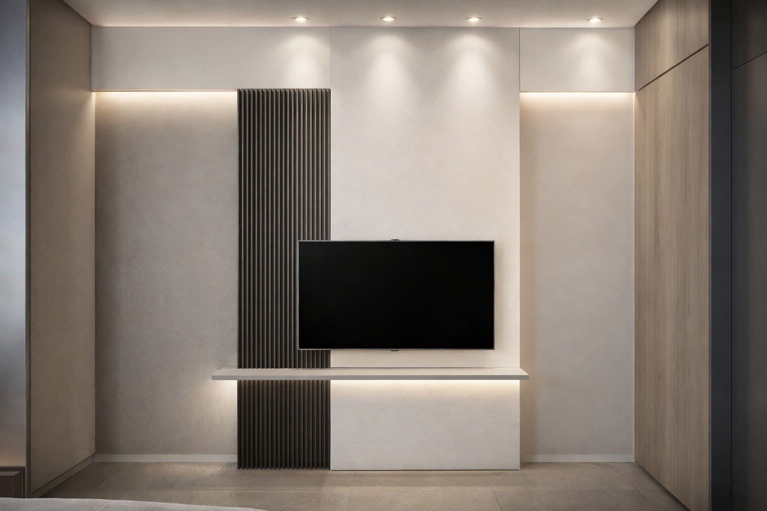 3D render of a minimal TV unit with floating console, fluted accent column and warm cove lighting