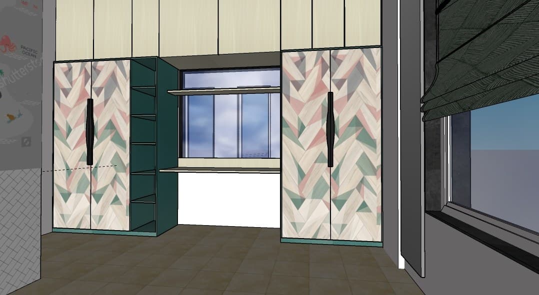 3D model study of a bedroom wardrobe with geometric multicolour shutter pattern and open display shelving