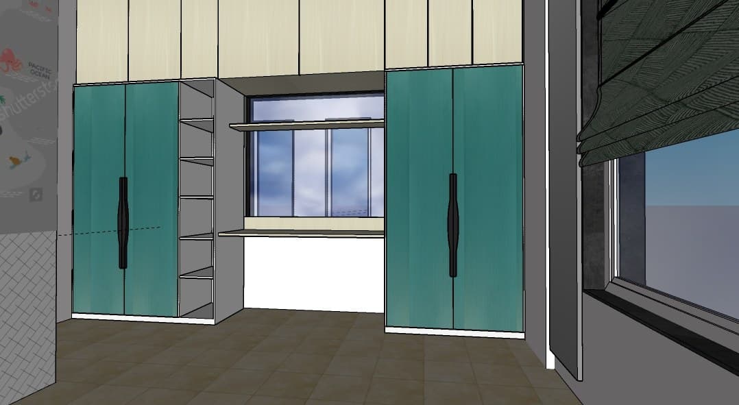 3D model of twin bedroom wardrobes with teal shutters, open spine storage and contrast hardware