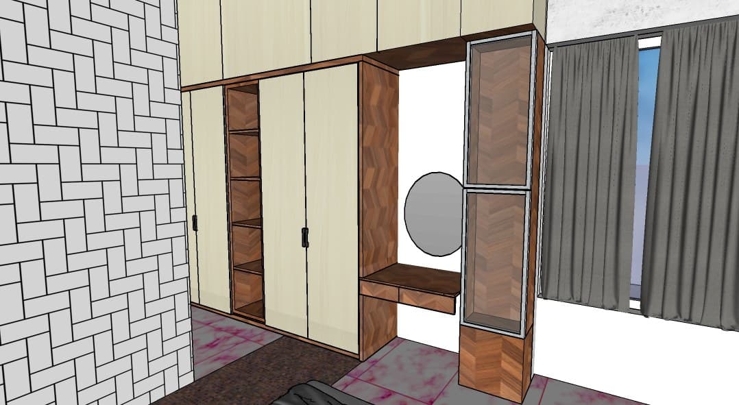 3D model of a bedroom wardrobe run with integrated dresser, mirror column and herringbone feature panel